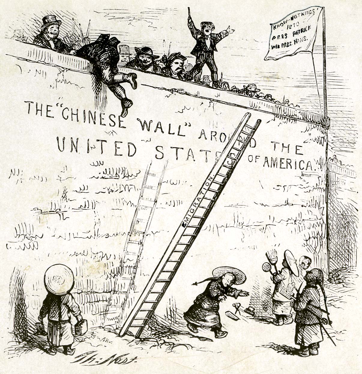 „Házet žebřík, u kterého se zvedli,“ kreslený film Thomase Nasta, Harper's Weekly, 23. července 1870. (Zdroj: Encyclopædia Britannica, Inc.)
